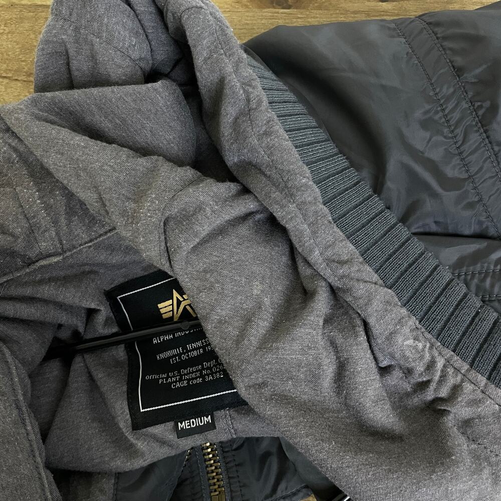 Alpha Industries Flight Jacket Mens Medium Grey Outdoors Full Zip Lined Hooded - Picture 8 of 10